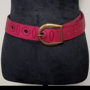 Vintage Sheldon Bowman Red Leather Belt Bronze Buckle Cutout Design S 34